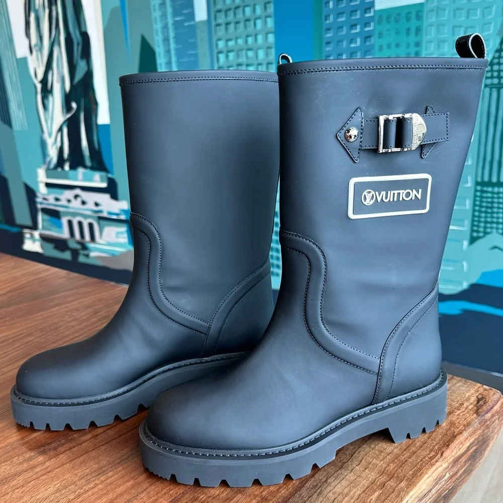Louis Vuitton Black Matte Leather Winter Rain Boots